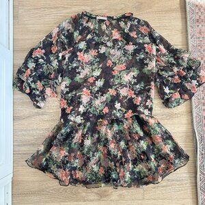 Alice + Olivia Ruffle Blouse Mini Skirt Set Womens XS/4 100% Silk Floral 2-Piece